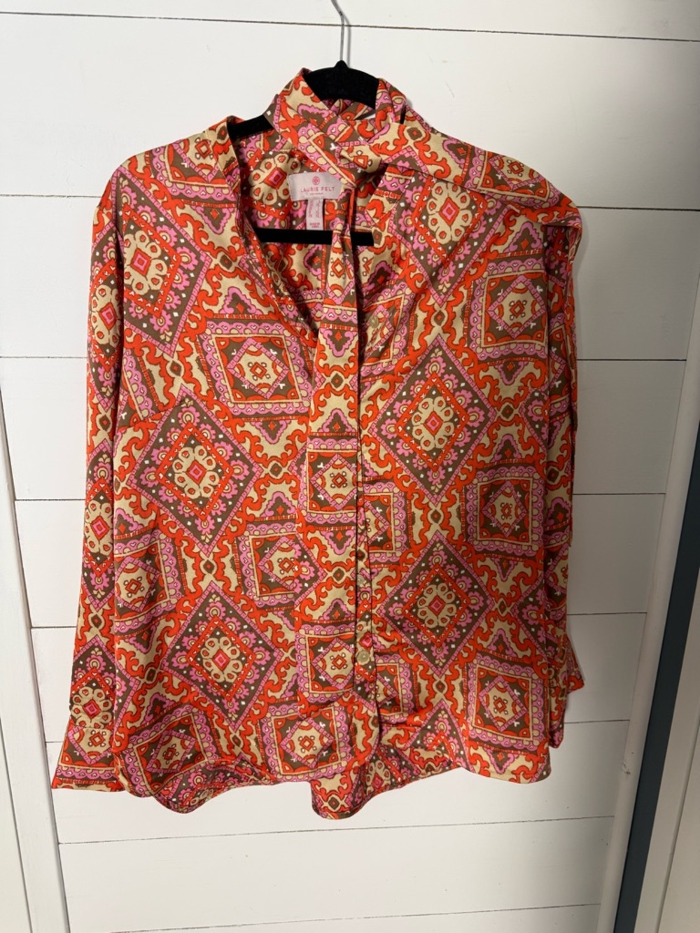 Laurie Felt Geometric Tie-Neck Button Up Blouse in Orange & Pink